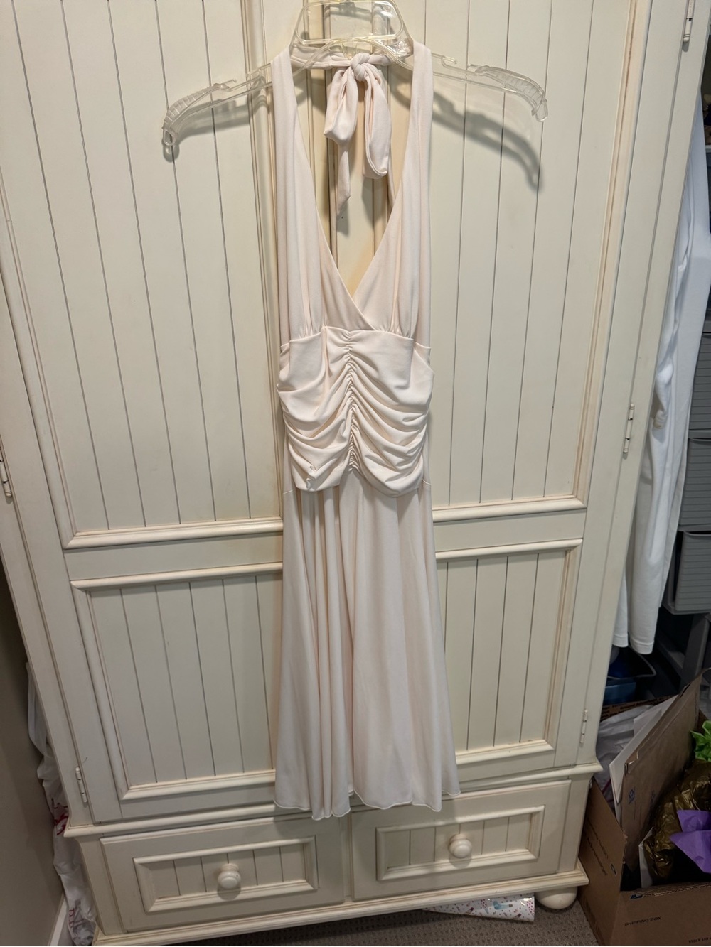 Speechless Cream One-Shoulder Halter Ruched Dress, Size Medium